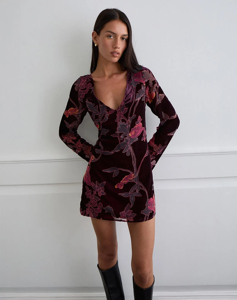Alitra Minikleid in Floral Devore Burgundy