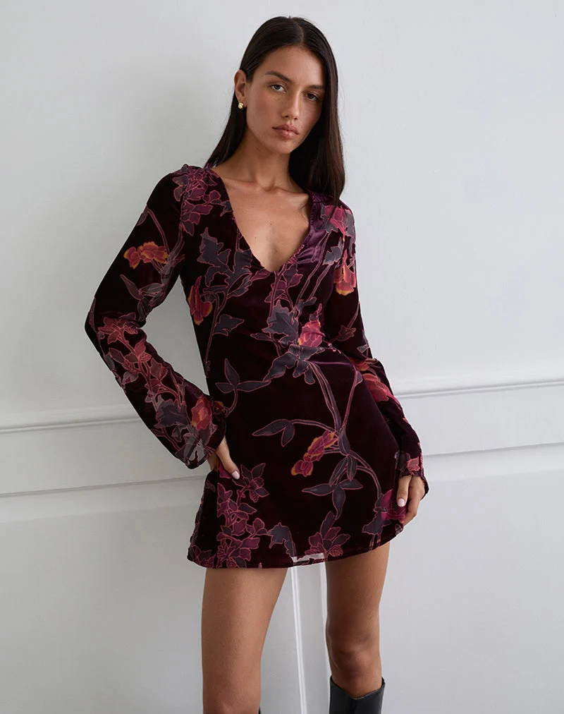 Alitra Minikleid in Floral Devore Burgundy