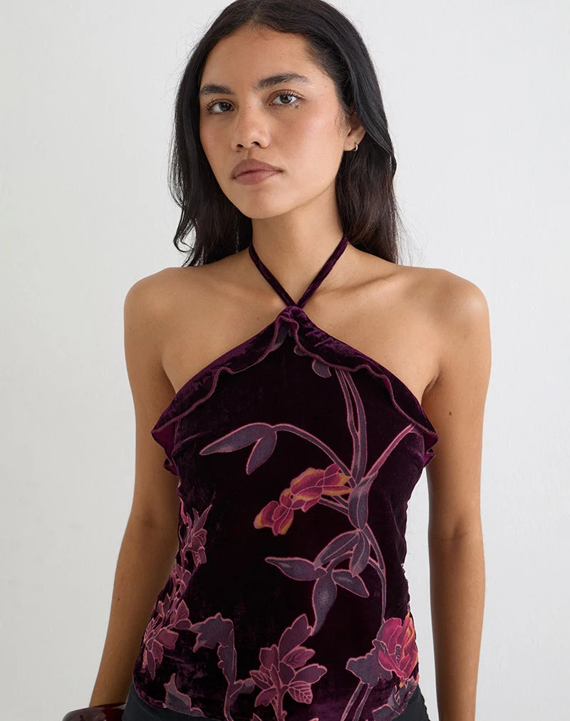 Fiorella Top in Floral Devore Burgundy
