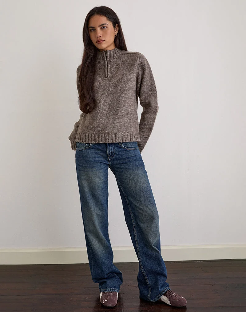 Lamara Quater Zip Pullover in Dunkelbraun Marl