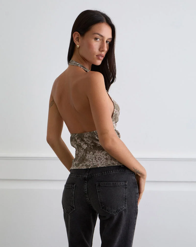 Mabli Neckholder-Top aus strukturiertem, gewebtem Floralgrün