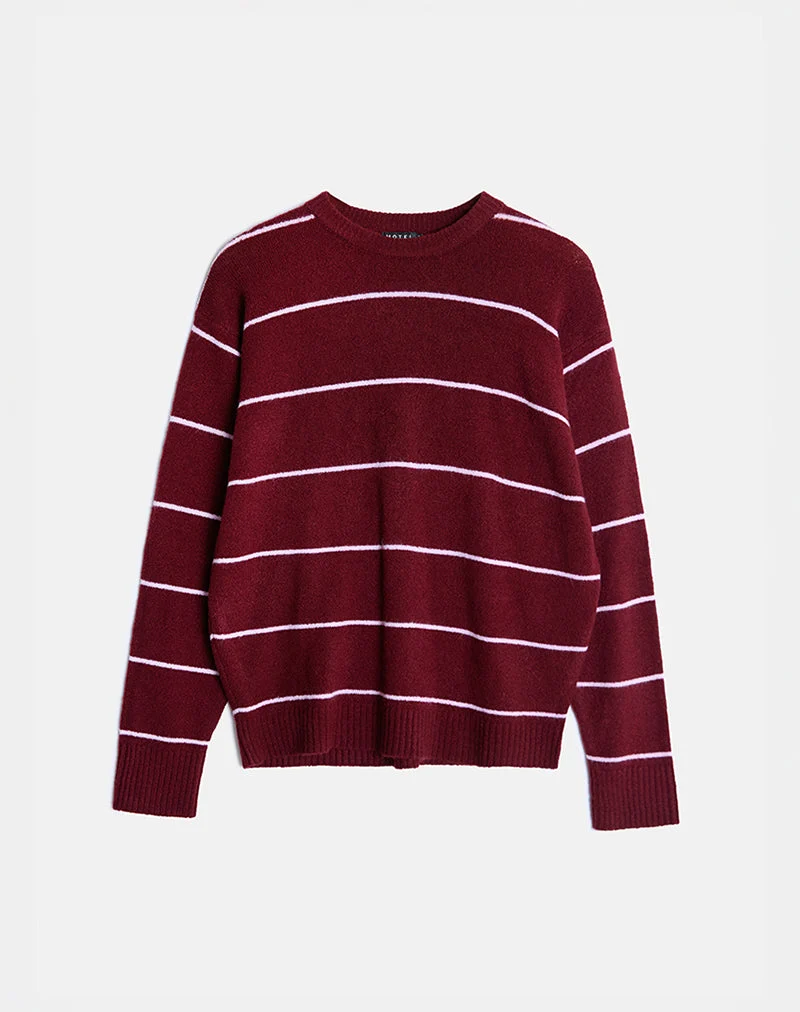Ishari Strickpullover in Burgunderrot mit rosa Streifen