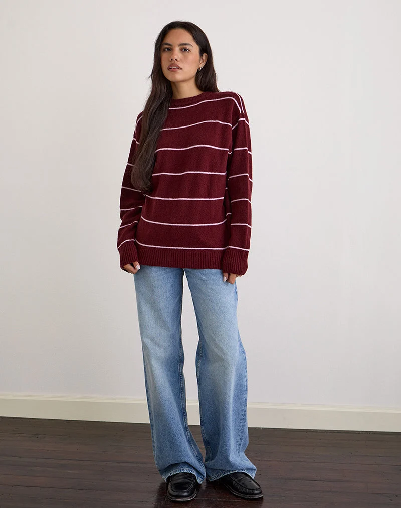 Ishari Strickpullover in Burgunderrot mit rosa Streifen