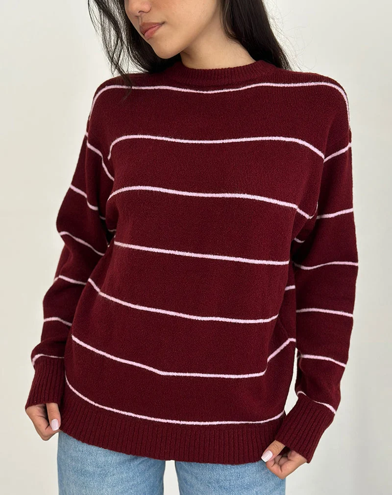Ishari Strickpullover in Burgunderrot mit rosa Streifen