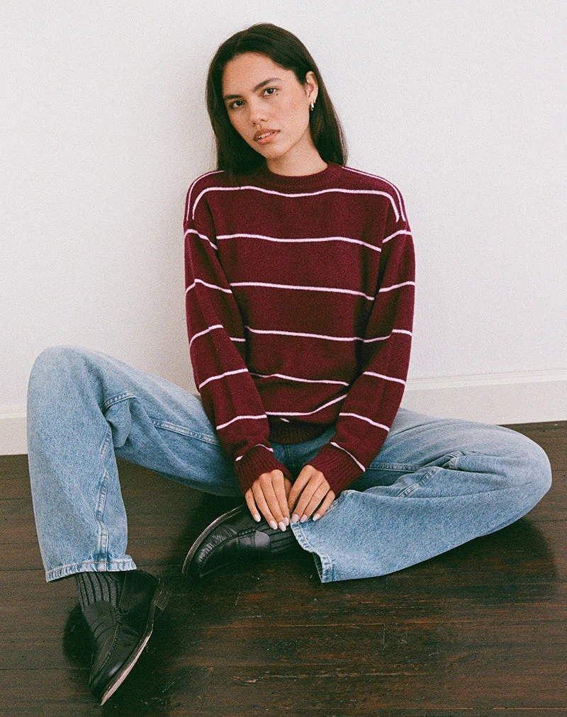 Ishari Strickpullover in Burgunderrot mit rosa Streifen