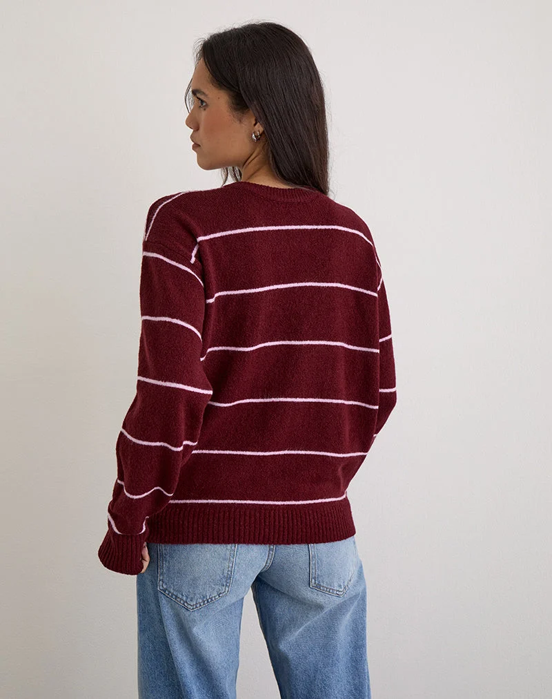 Ishari Strickpullover in Burgunderrot mit rosa Streifen