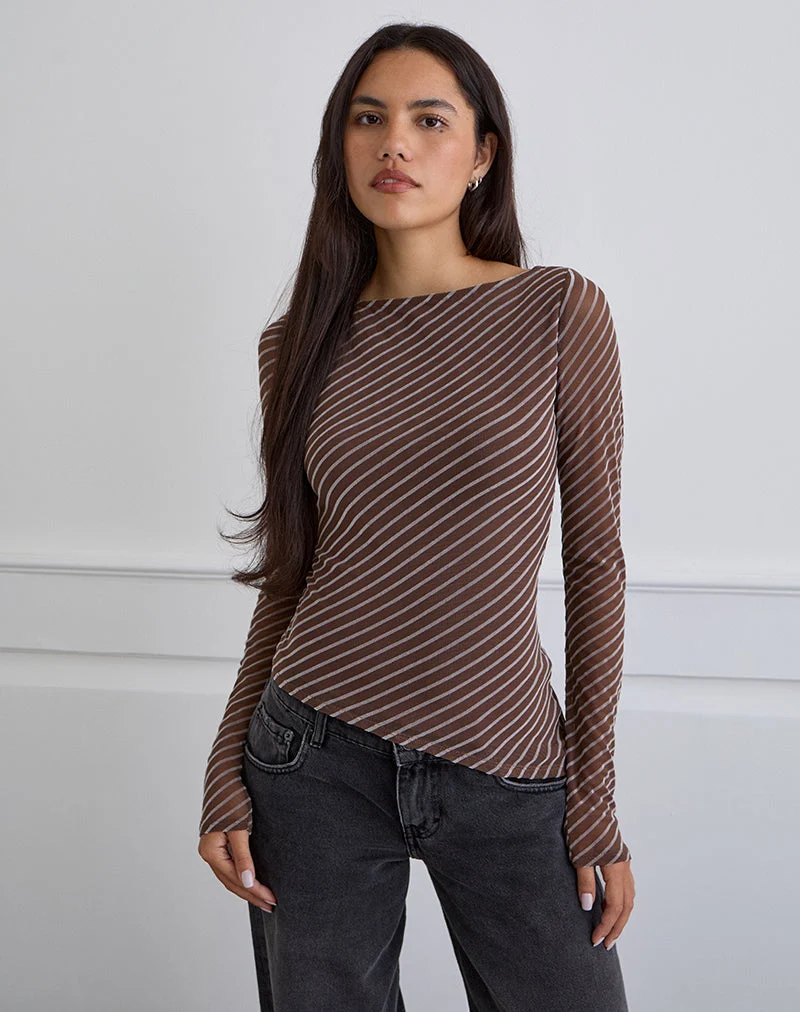 Lakya Langarm-Top in Diagonalstreifen beflockt Braun und Creme