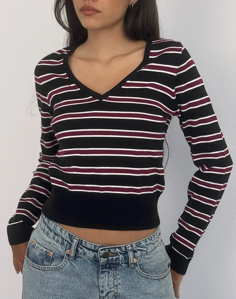 Yasra Pullover aus Streifenstrick Schwarz-Burgund