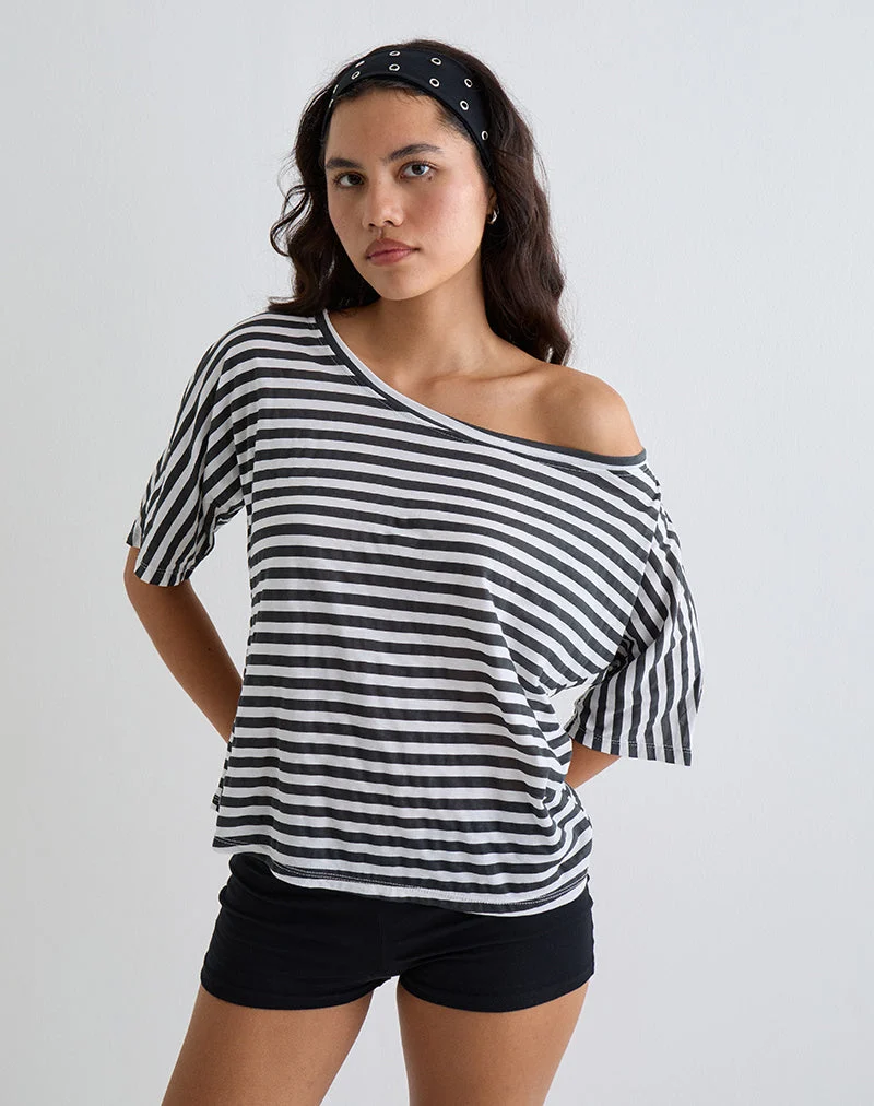 Daman schulterfreies Basic-Top in Elfenbein mit anthrazitfarbenen Streifen