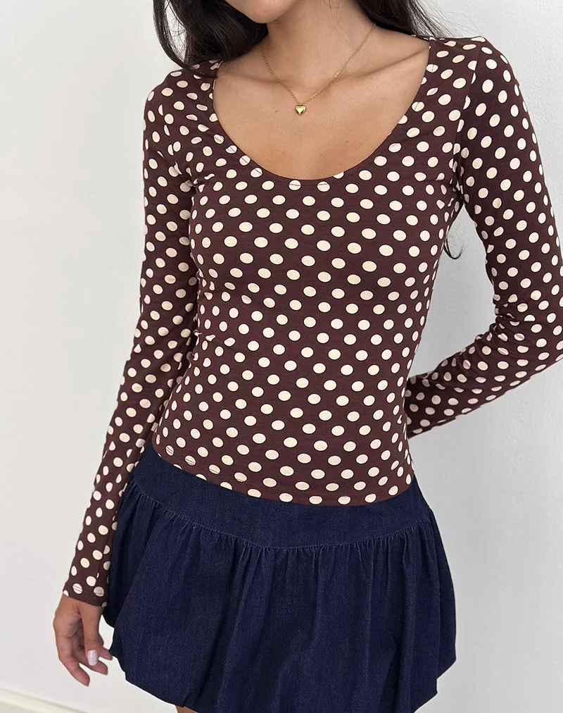Rumini Langarm-Top in Braun mit kleiner Polka-Creme
