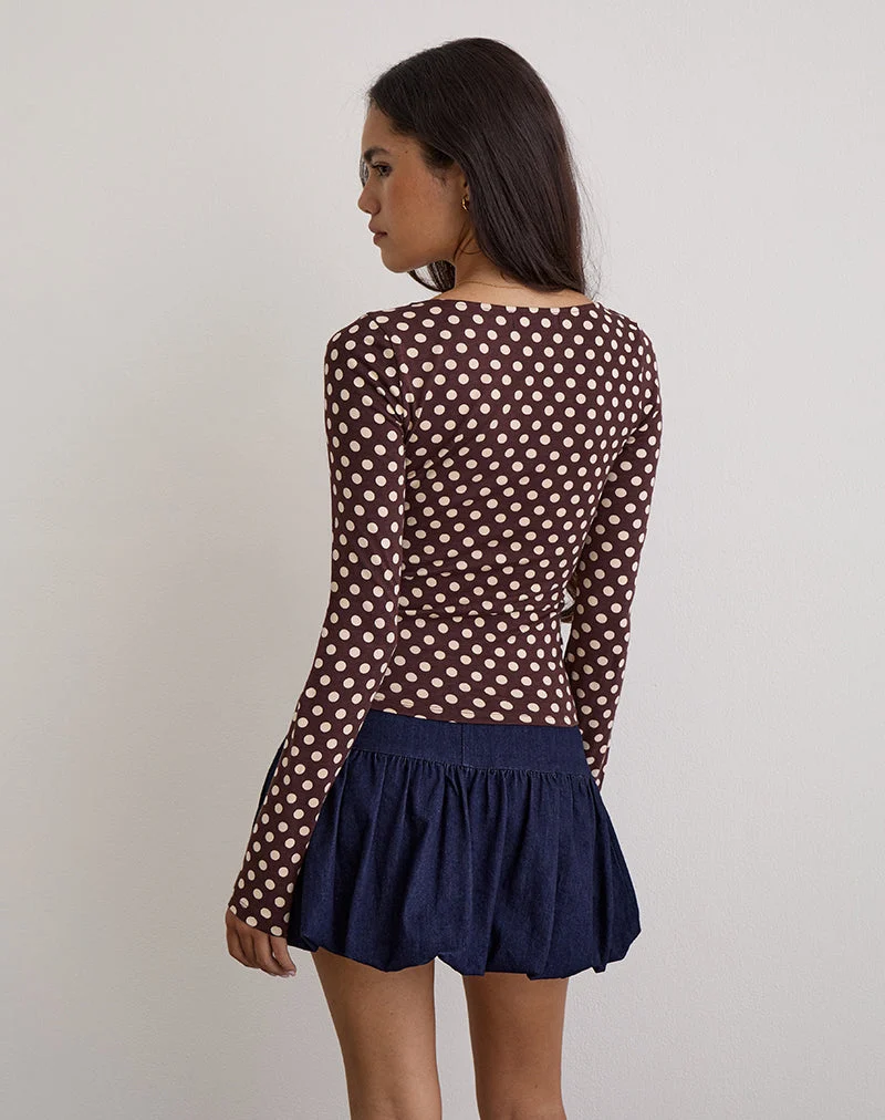 Rumini Langarm-Top in Braun mit kleiner Polka-Creme