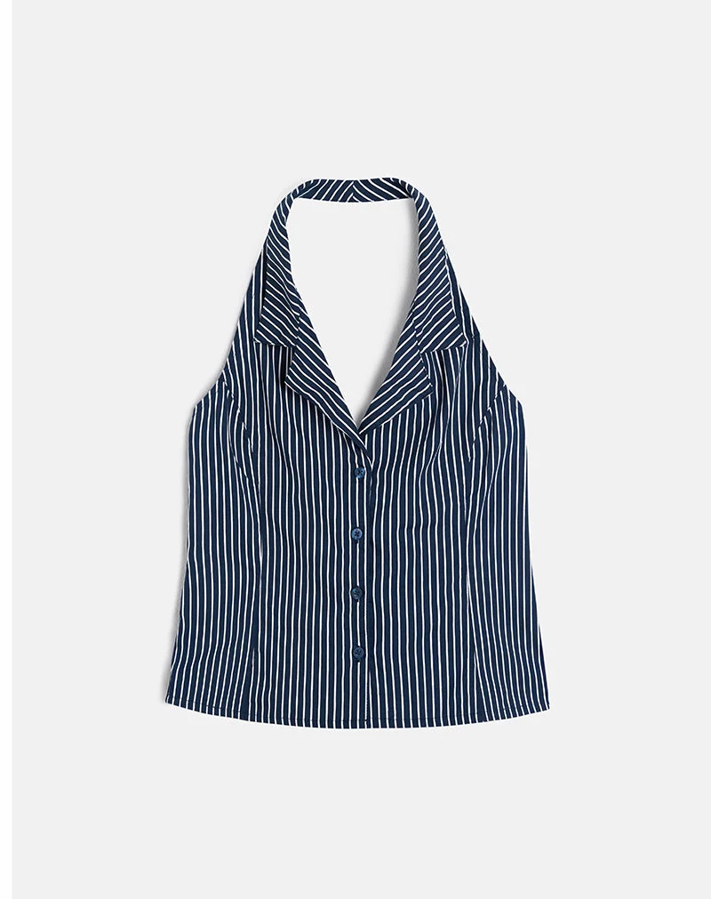 Mikanu Neckholder-Bluse in Nadelstreifen Navy