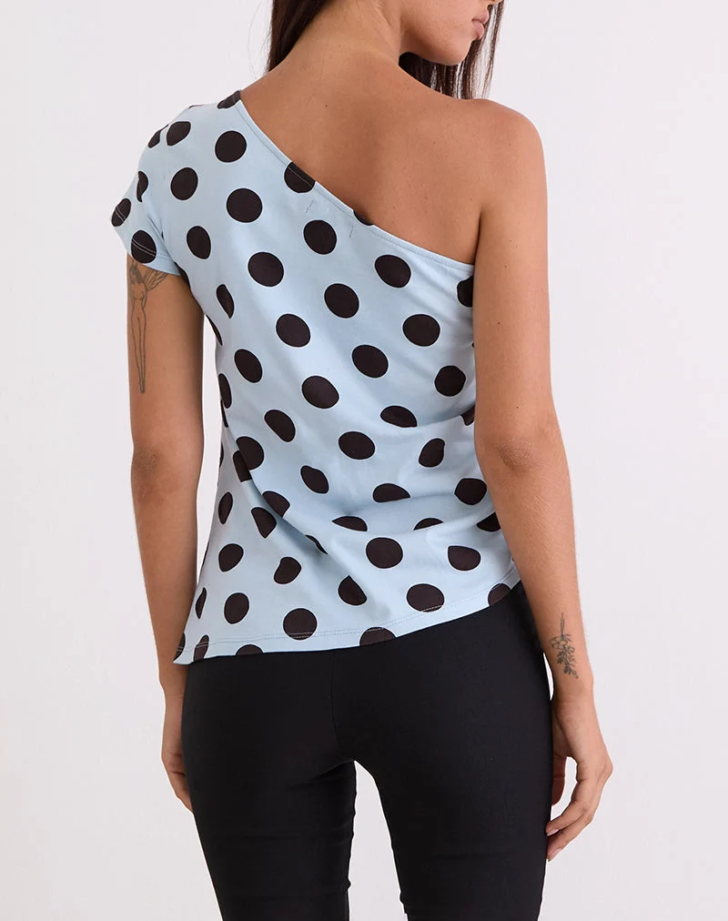 Tokiwa Asymmetric Shoulder Tee in Big Polka Blau Braun