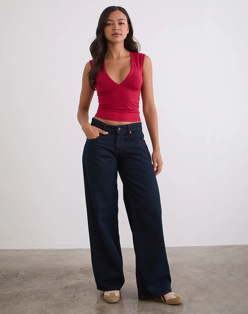 Geräumige Low Rise Jeans in Indigo mit roten Nähten