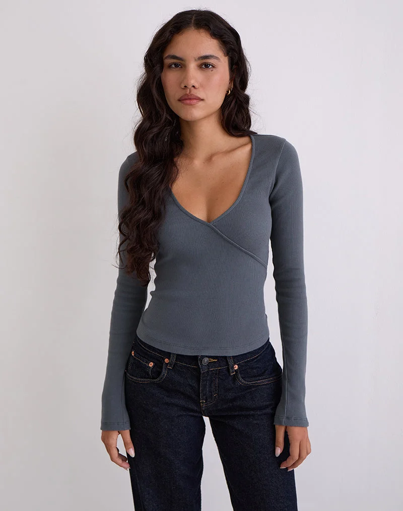 Dulcet Geripptes Langarm-Top in Blau Granit
