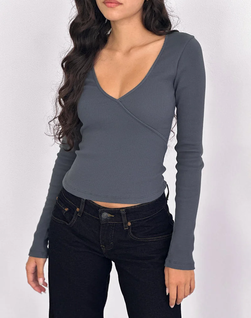 Dulcet Geripptes Langarm-Top in Blau Granit