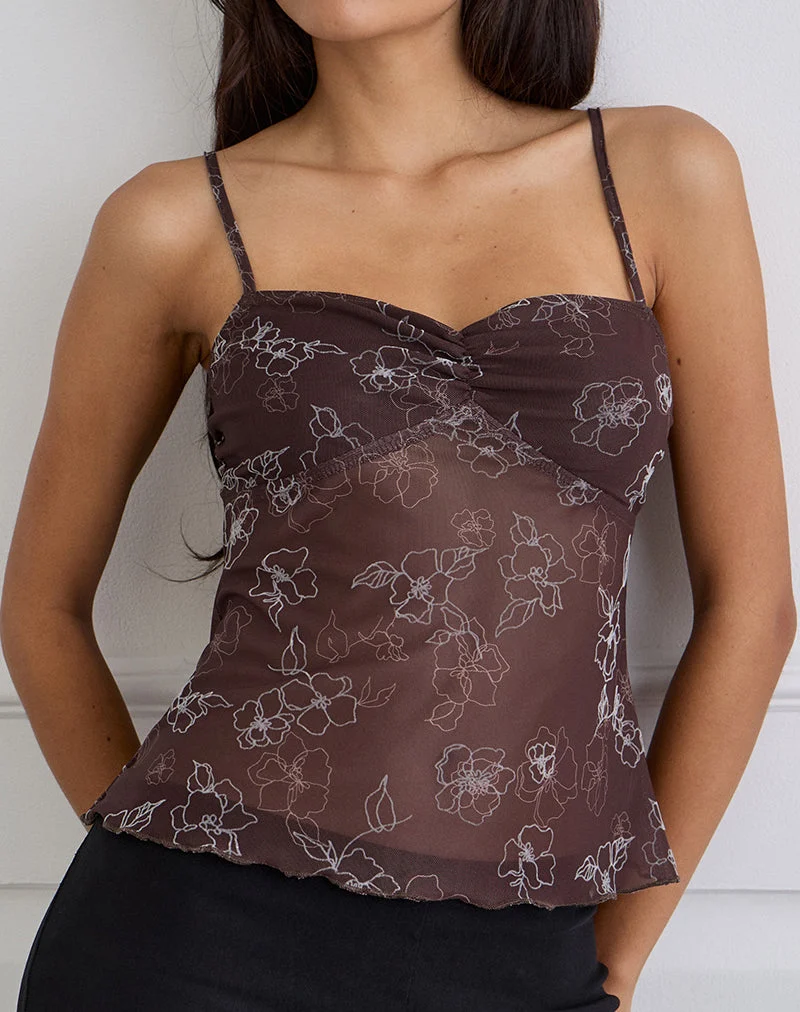 Fierza Cami Top in Doodle Flower Flock Braun