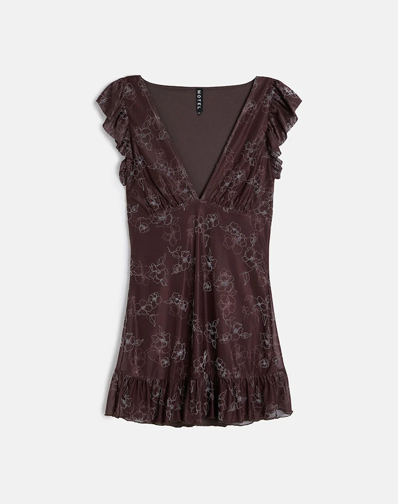 Motarika Minikleid in Doodle Flower Flock Braun
