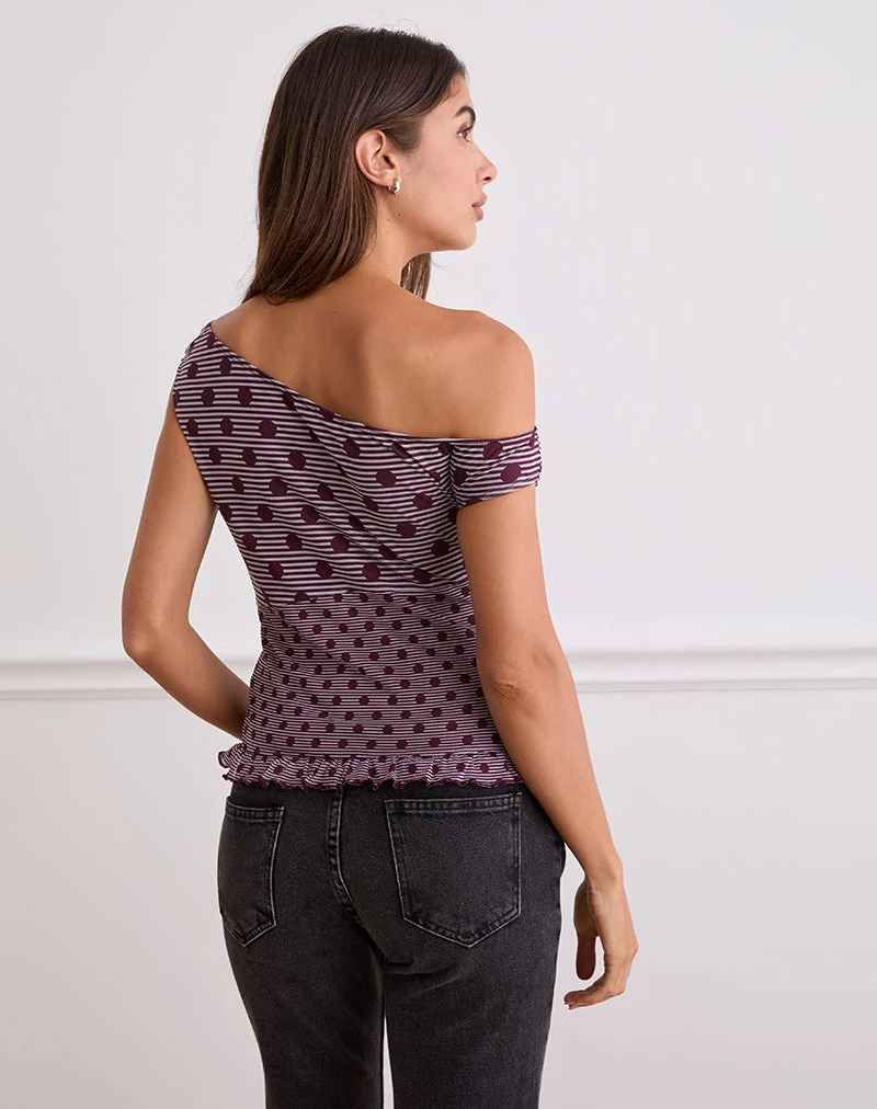 Tarya Asymmetrisches Top in Polka Pflaume gestreift