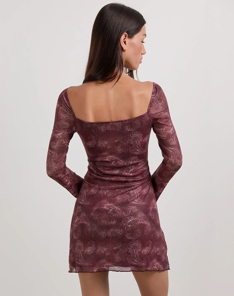 Modena Langärmeliges Minikleid aus tonalem Paisley Pflaume