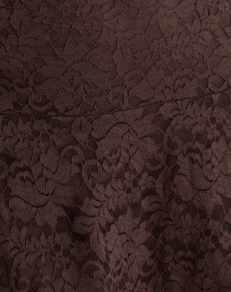 Luscian Minikleid aus schokoladenfarbener Spitze mit blauer Borte