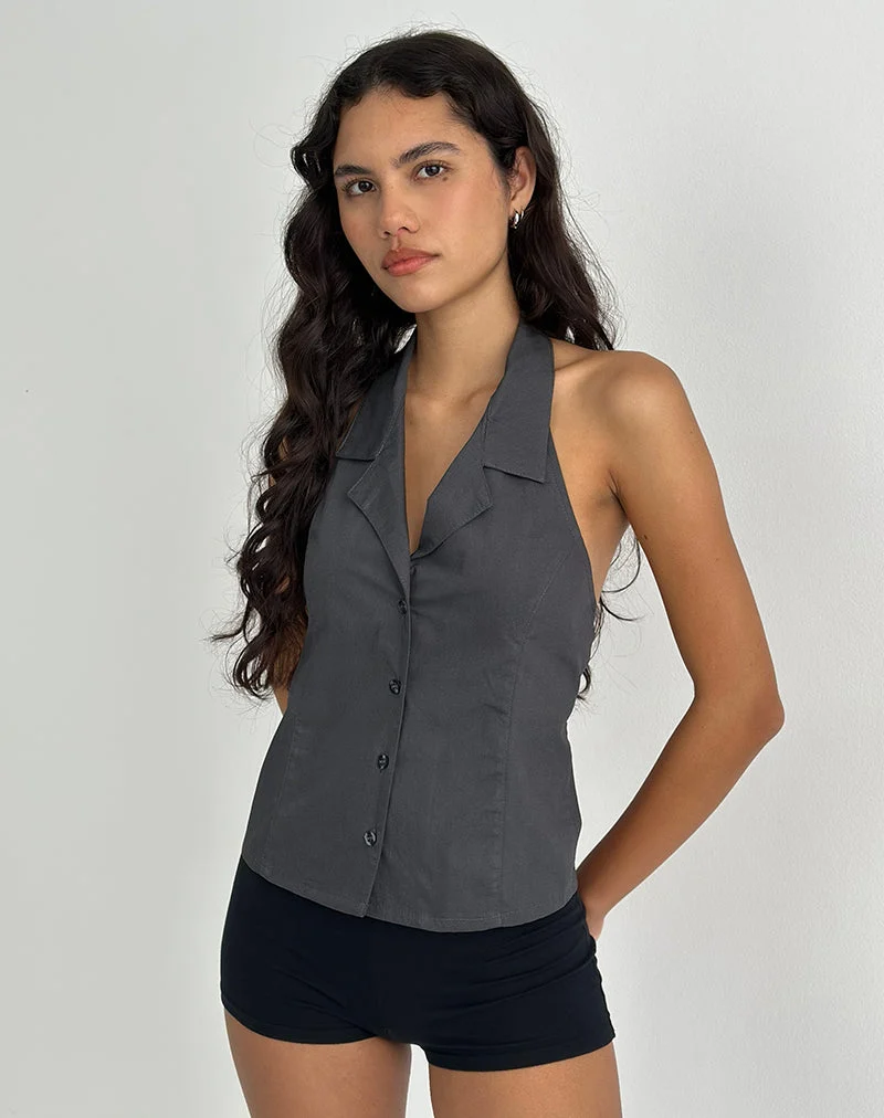 Mikanu Button Down Neckholder Bluse in Anthrazit