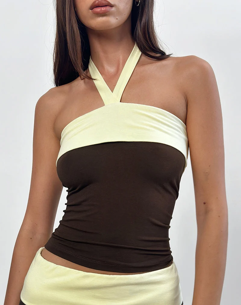 Inrida Neckholder-Top in Schokoladenbraun und Zitrone