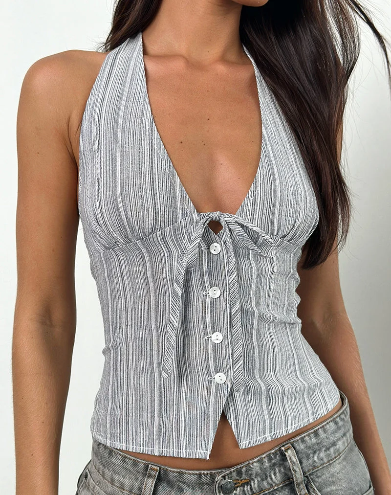 Miyuki Tie Front Neckholder Top aus gewebten Streifen Grau