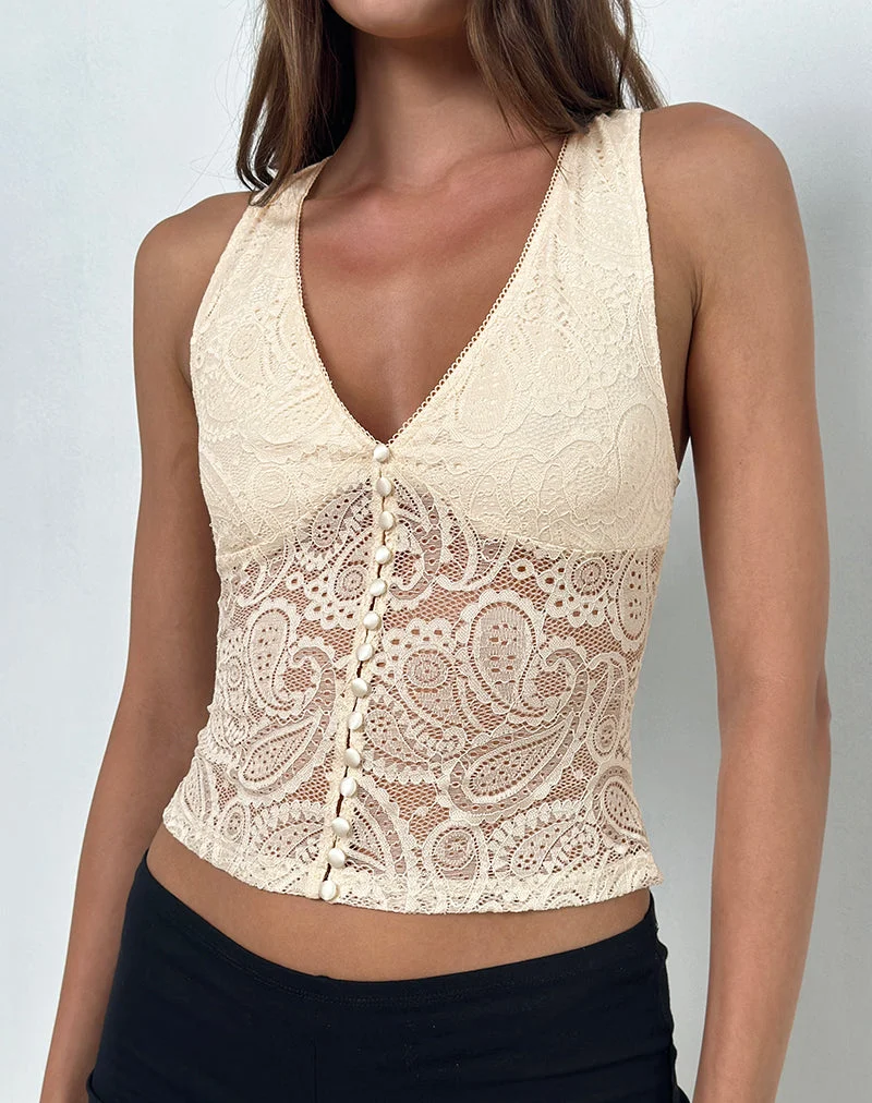 Kefira Top mit tiefem Ausschnitt aus Spitze in Creme