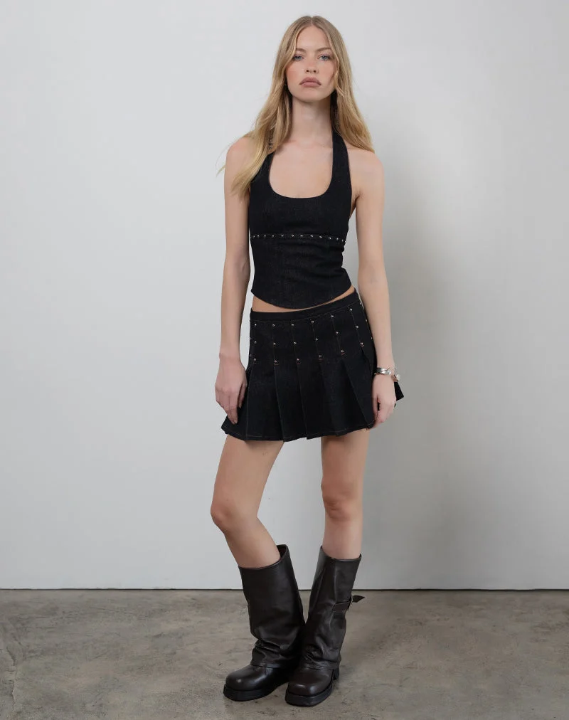 Nasya Neckholder-Top in Chambray Nieten Schwarz