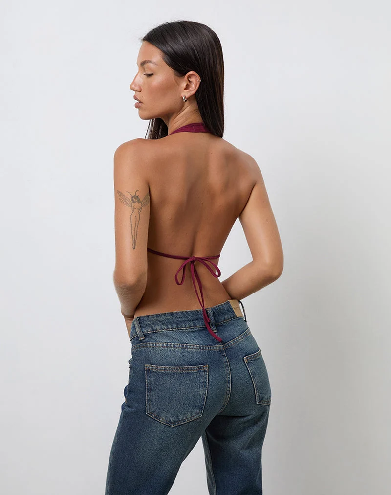 Kayria Krawatten-Top in Burgund mit Blumenstickerei