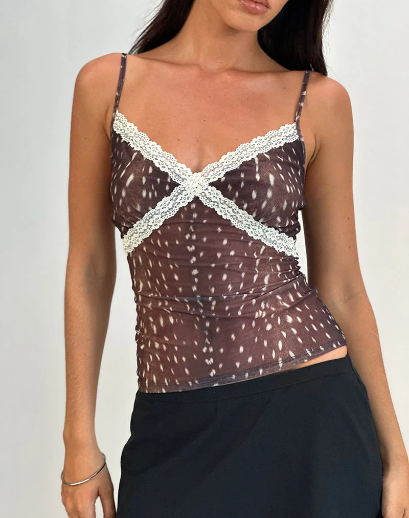 Alcesta Cami Top in Mesh Hirsch Druck Braun