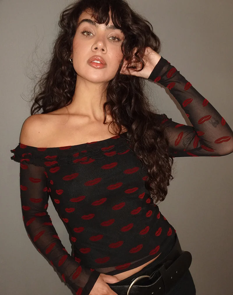 Nihal Rüschen-Bardot-Top in Lippenflocke Schwarz
