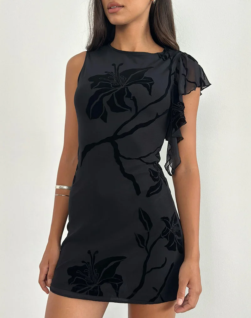 Salya Minikleid aus Orchideenflock Schwarz
