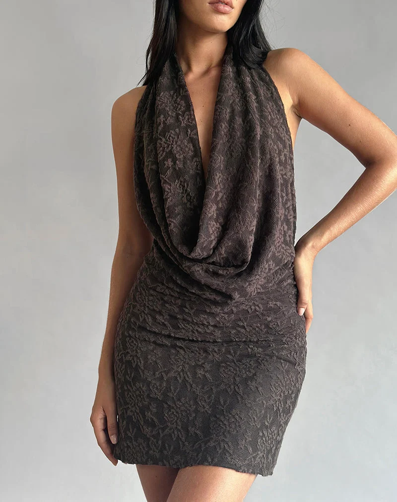 Zari Mini-Kleid mit Rundhalsausschnitt aus braunem Jacquard-Strick