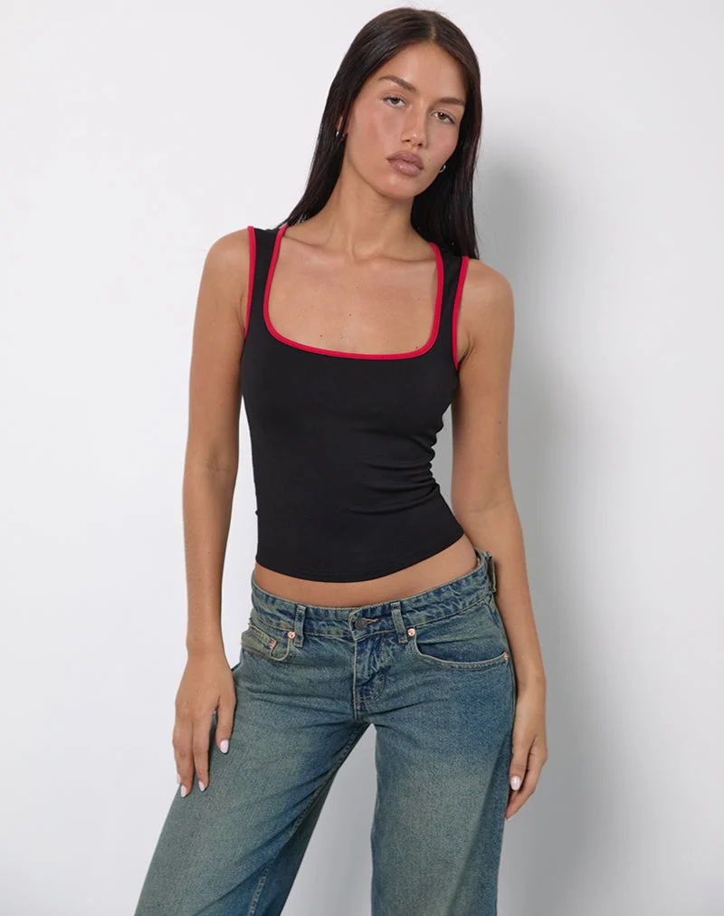 Shajani Top in Schwarz mit roter Bindung
