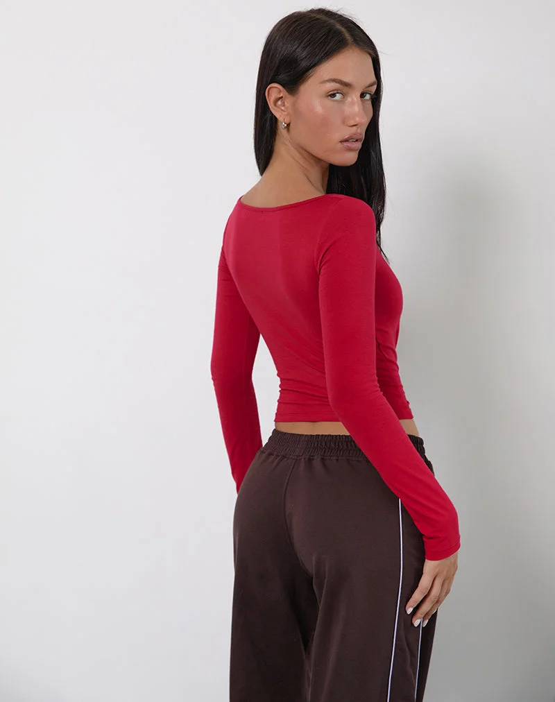Amabon Langarm-Top in Adrenaline Rot mit Running Late-Slogan