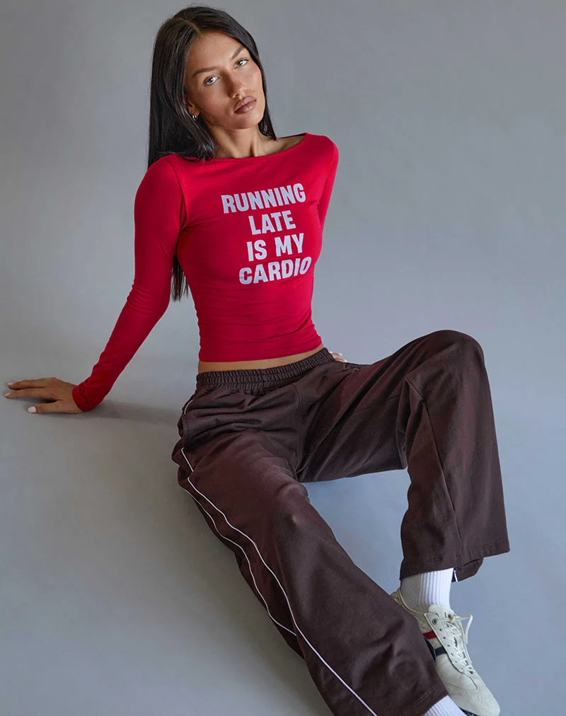 Amabon Langarm-Top in Adrenaline Rot mit Running Late-Slogan