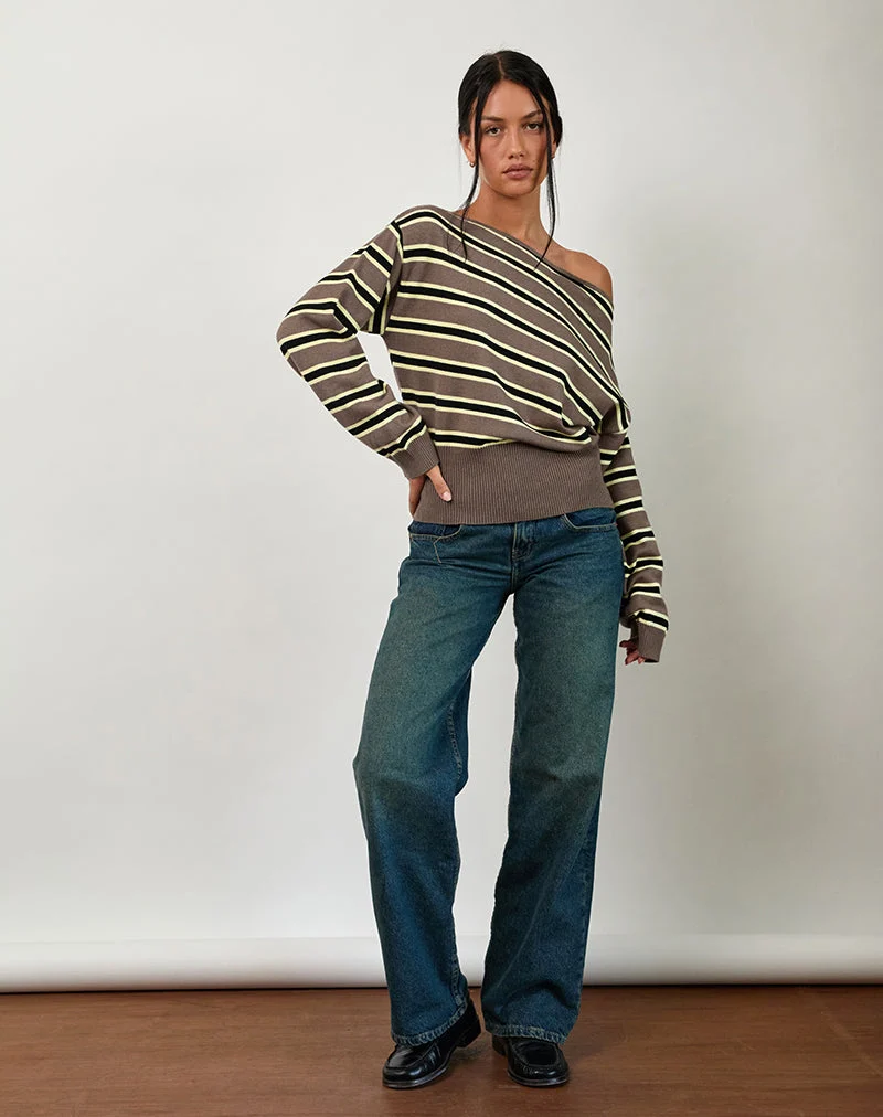Jalira Asymmetrischer Cinch-Pullover in Braun und Gelb gestreift
