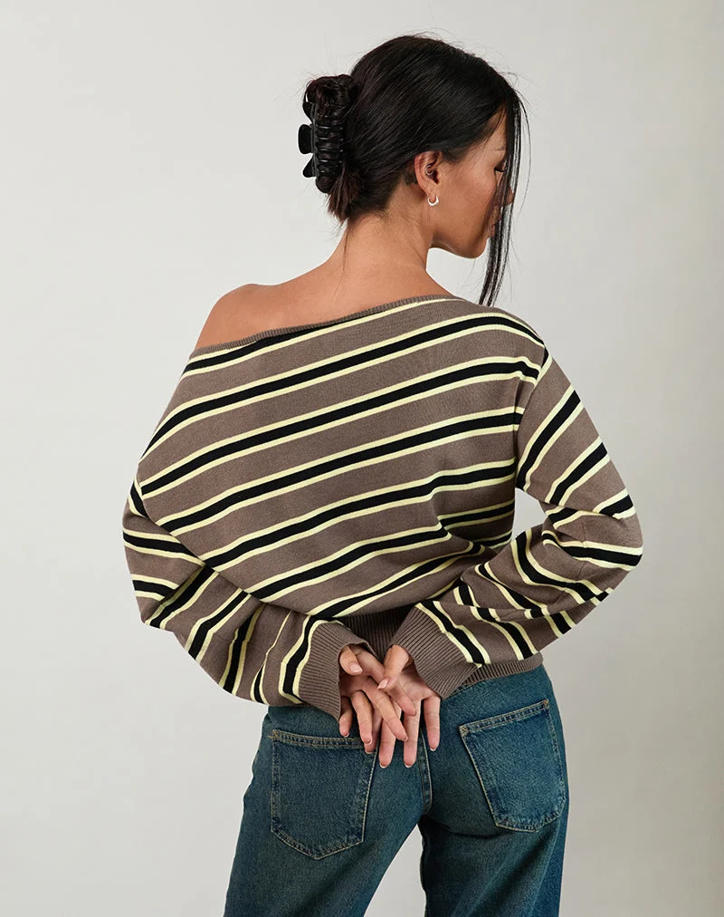 Jalira Asymmetrischer Cinch-Pullover in Braun und Gelb gestreift