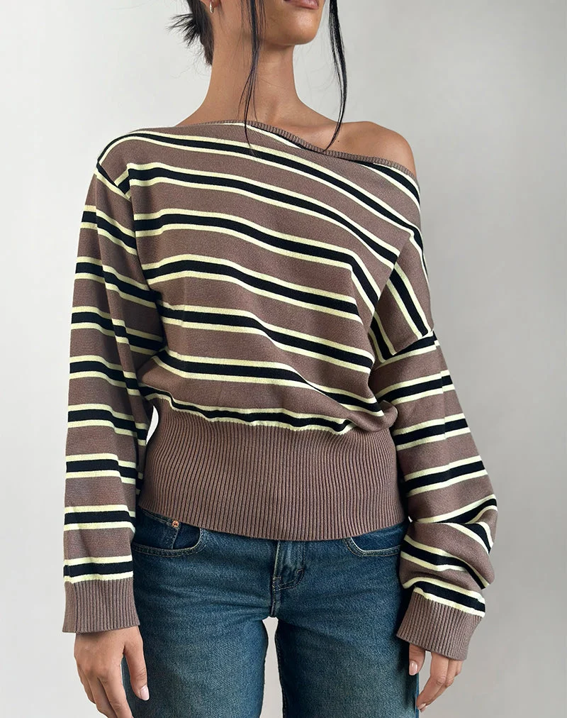Jalira Asymmetrischer Cinch-Pullover in Braun und Gelb gestreift