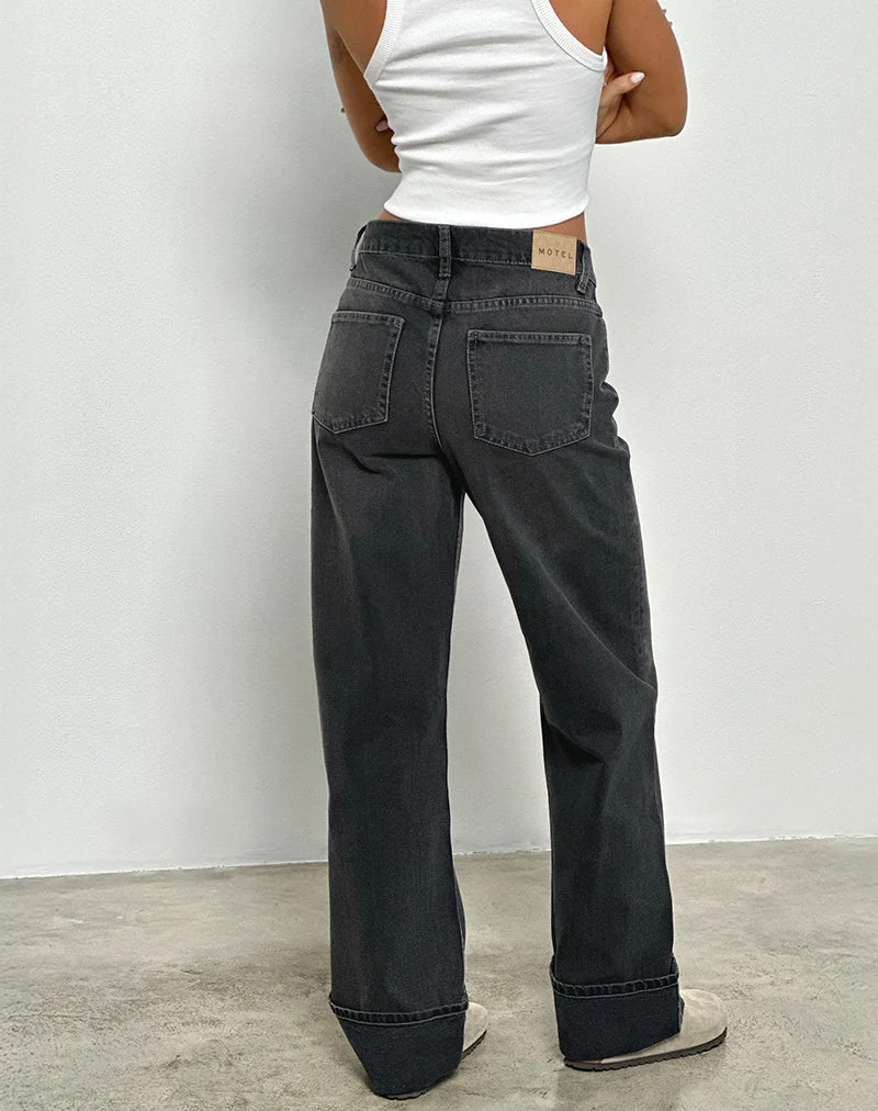 Mid Rise Turn Up Straight Jeans aus gewaschenem Schwarz Grau