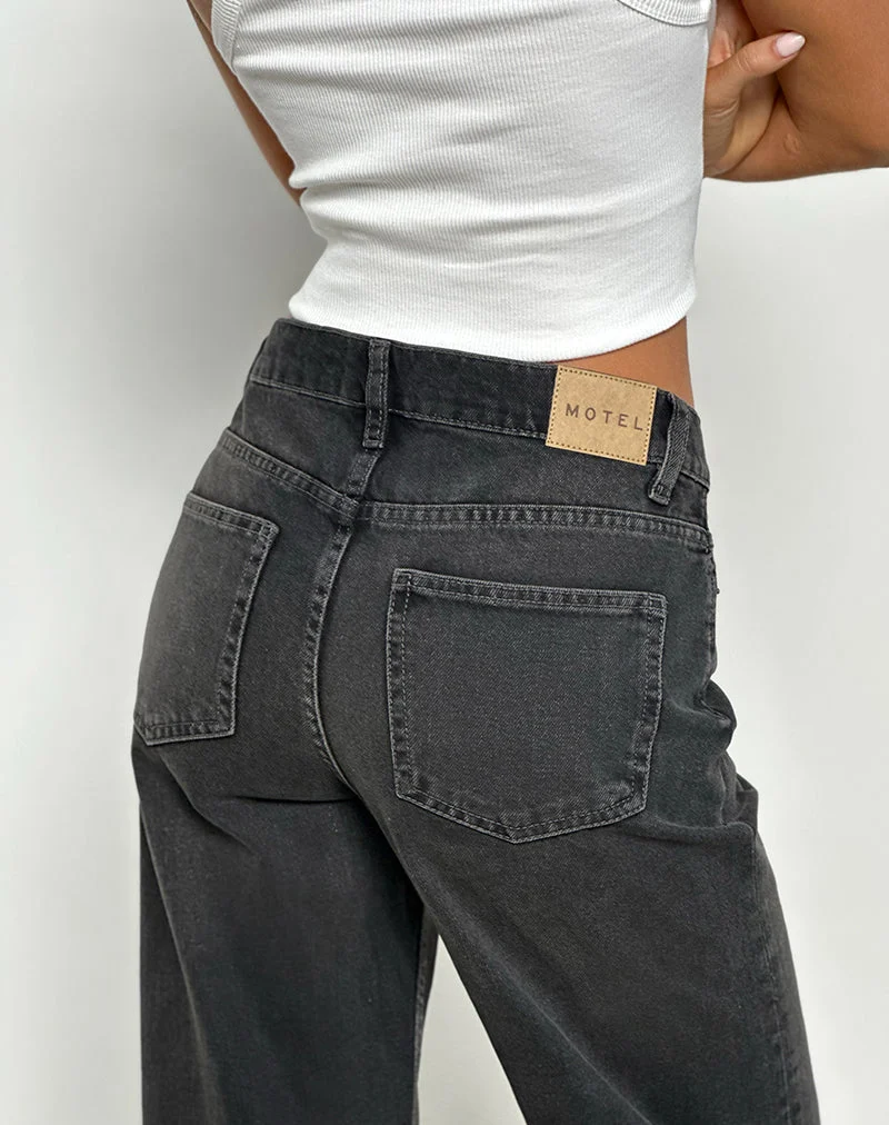 Mid Rise Turn Up Straight Jeans aus gewaschenem Schwarz Grau