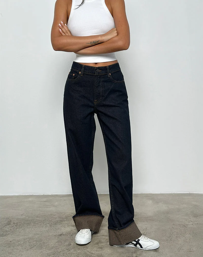 Mid Rise Turn Up Straight Jeans in Indigo