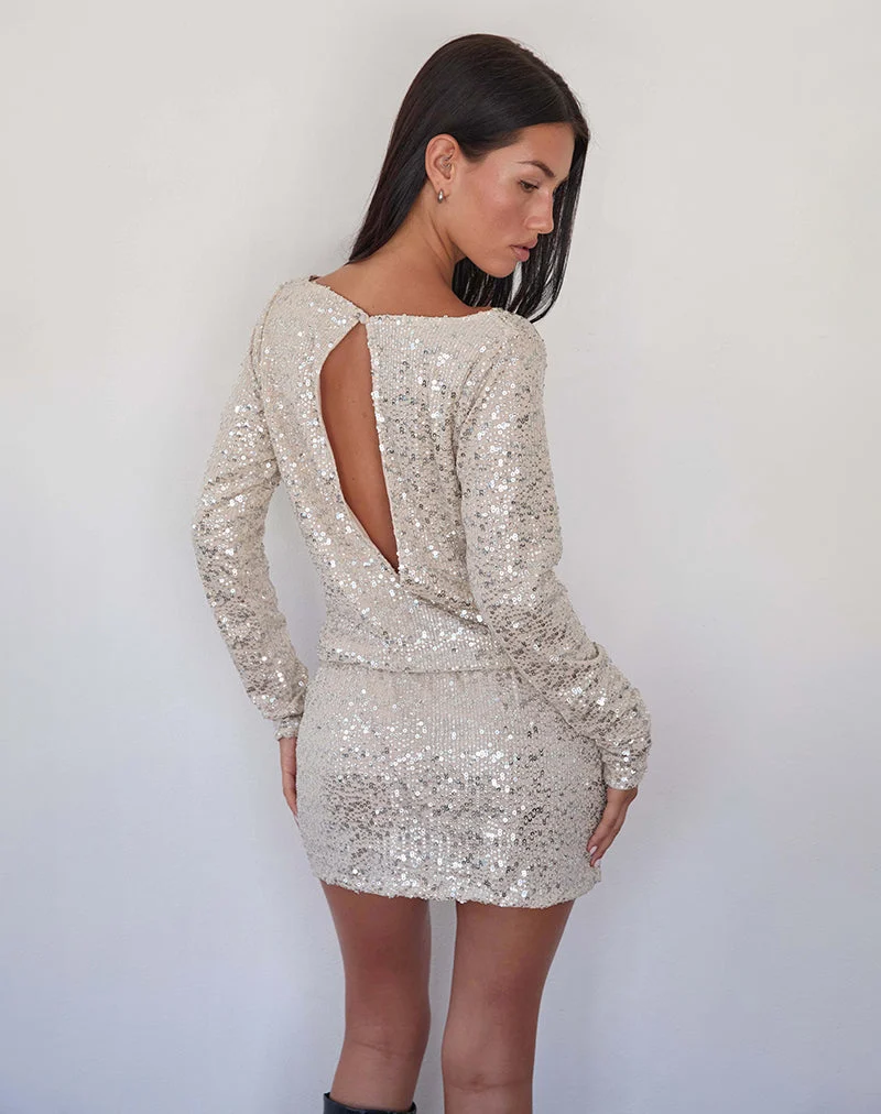 Jasilia Langärmeliges Minikleid aus neutralem Paillettenstoff