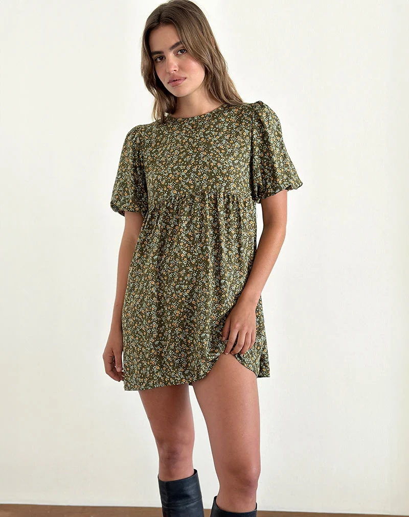 Marate Minikleid mit Puffärmeln in Grunge Floral Khaki