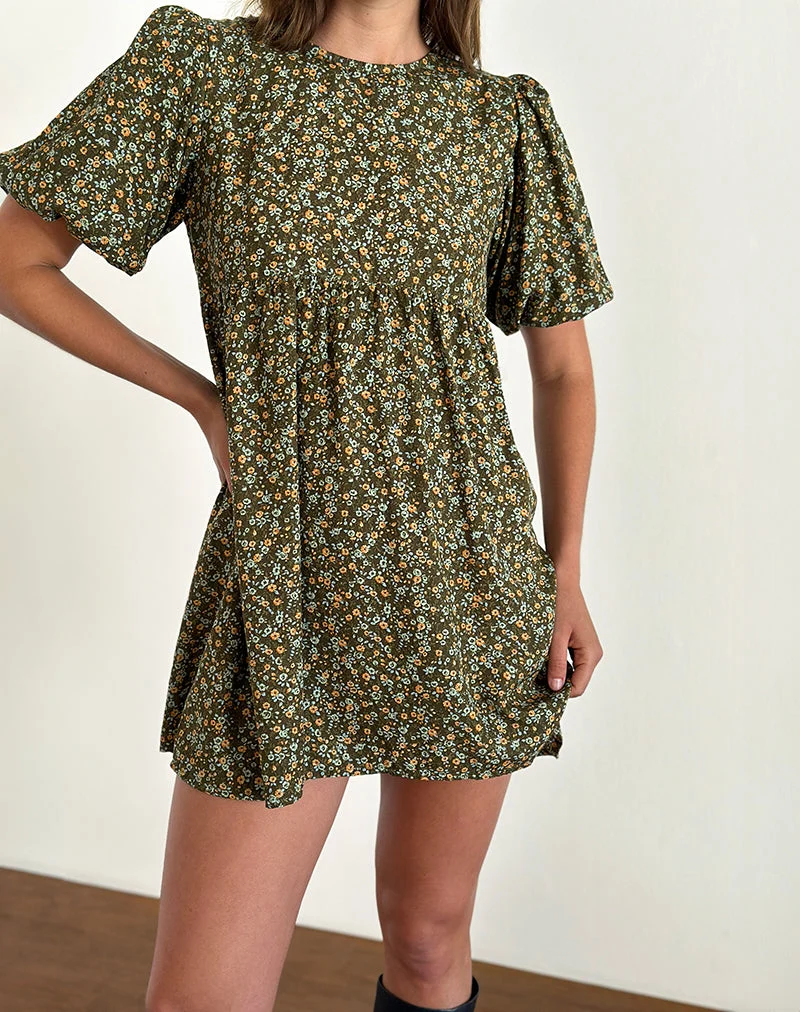 Marate Minikleid mit Puffärmeln in Grunge Floral Khaki