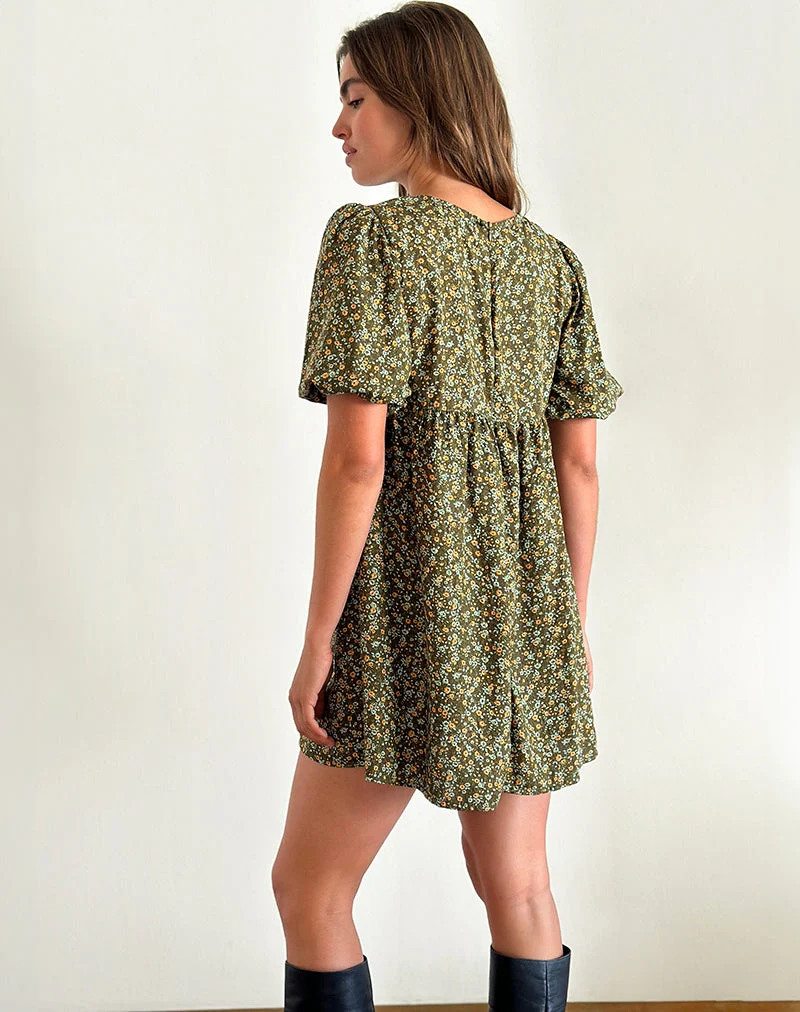 Marate Minikleid mit Puffärmeln in Grunge Floral Khaki