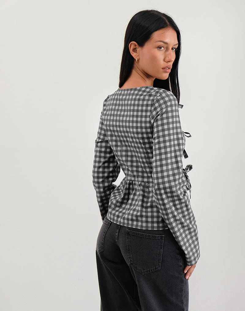 Bertaria Langarm-Top in Tonal Gingham Schwarz und Grau