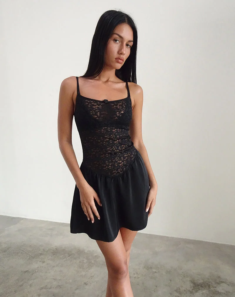 Alunan Slip-Kleid aus Satin-Spitze Schwarz